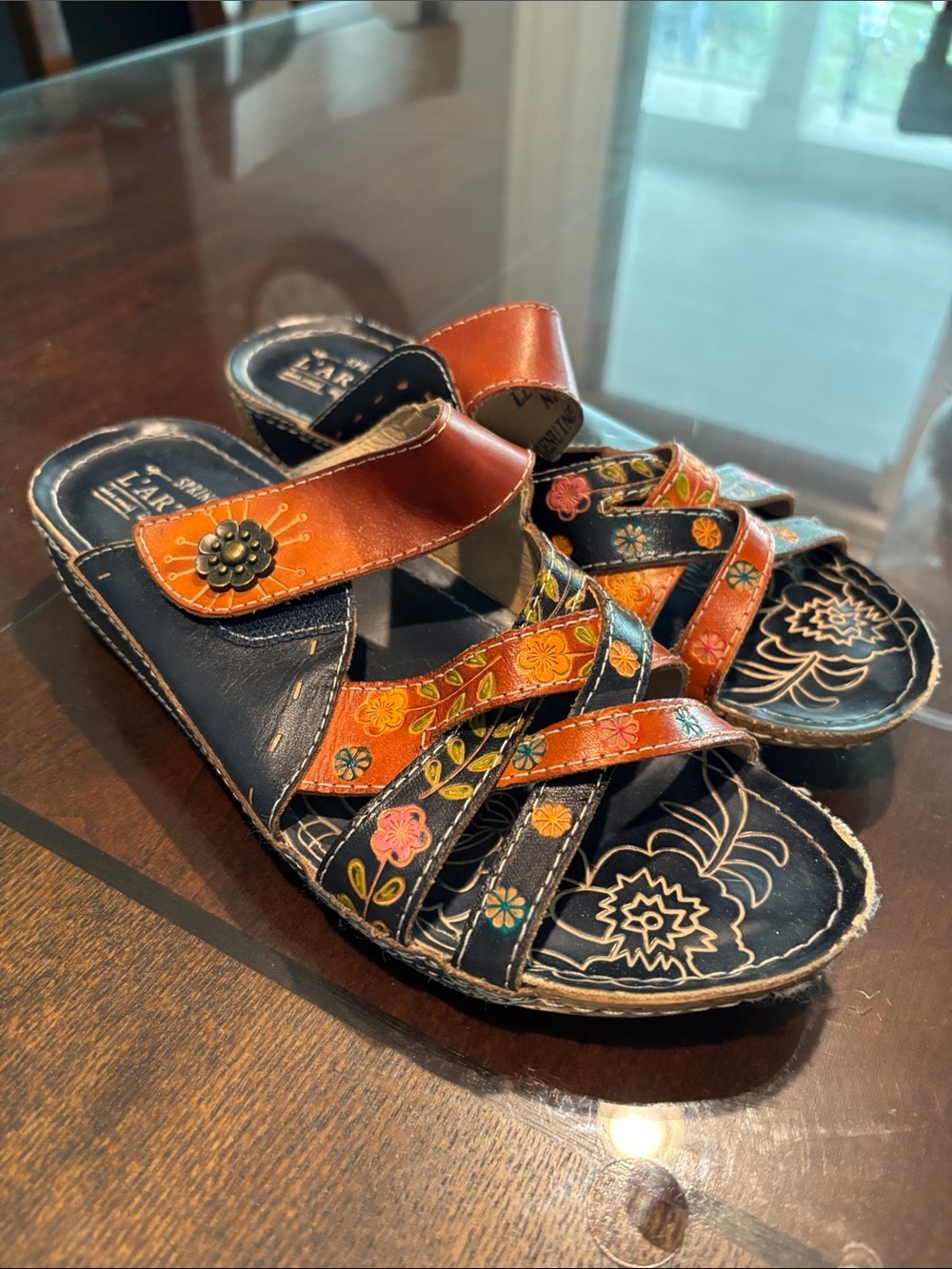 Hand-Painted Floral Leather Sandals - Navy & Brown